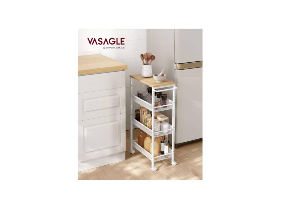 VASAGLE Slim Rolling Cart, 4-Tier Storage Cart, Narrow Cart with Handle for Kitchen, Dining Room, Living Room, Home Office, Oak Beige and Classic White