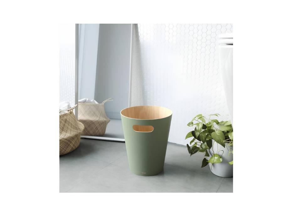 Umbra Woodrow, 2 Gallon Modern Wooden Trash Can Wastebasket for Home and Office, Olive