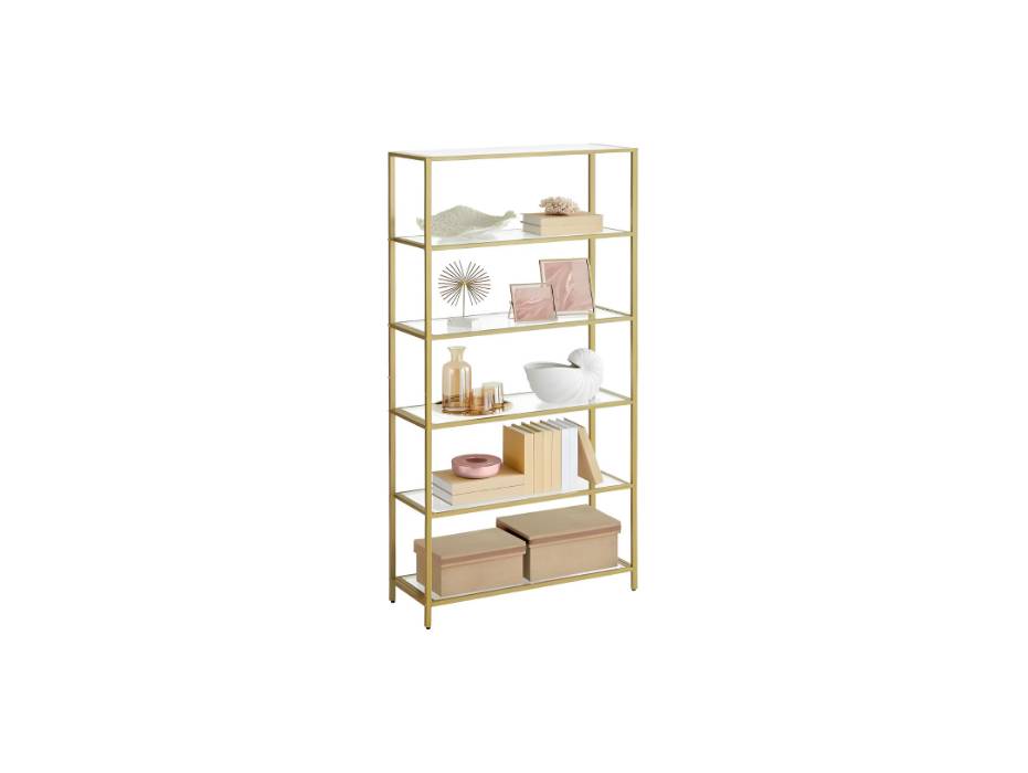 VASAGLE Bookcase, 6-Tier Bookcase, Slim Shelf for Bedroom, Bathroom, Home Office, Tempered Glass, Steel Frame, Metallic Gold
