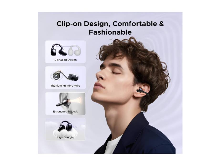 UGREEN ClipBuds Pro, Adaptive ANC Open-ear Wireless Headphones with 6 Mic AI Clear Call, Hi-Res Sound Deep Bass Earbuds Clip on Earphones