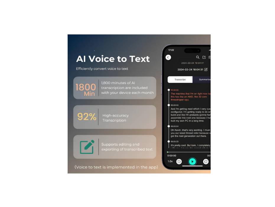 AI 64gb Voice Recorder with APP for AI Voice-to-Text Transcription, GPT-40 Translation Summary