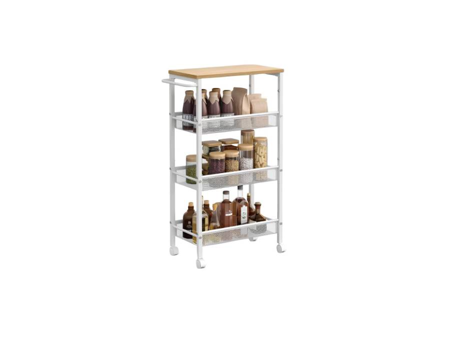VASAGLE Slim Rolling Cart, 4-Tier Storage Cart, Narrow Cart with Handle for Kitchen, Dining Room, Living Room, Home Office, Oak Beige and Classic White