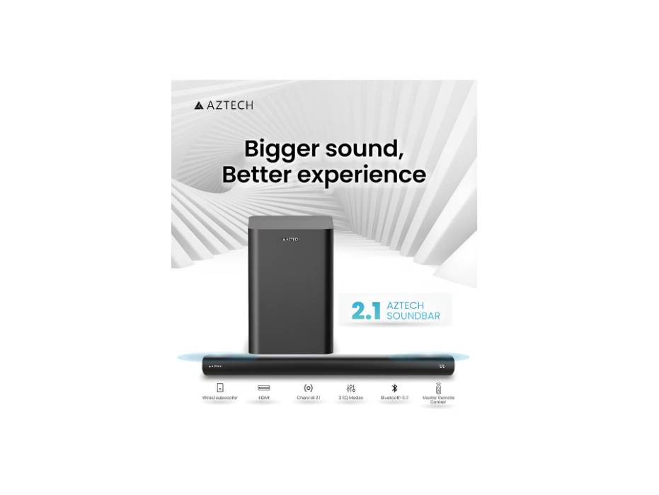 AZTECH 201 2.1 Channel Soundbar with Wired Subwoofer, 120 Watts, Bluetooth 5.3 Home Theater System