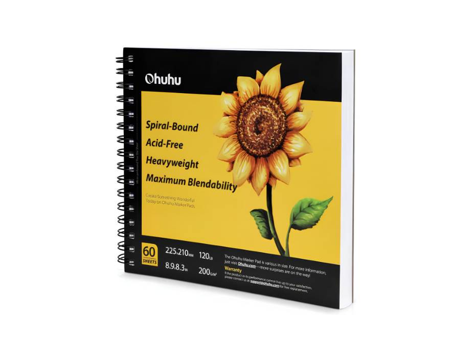 Ohuhu Marker Pads Art Sketchbook, 200Gsm, 60 Sheets, Spiral Bound, Specially For Alcohol Markers, 225 x 210mm