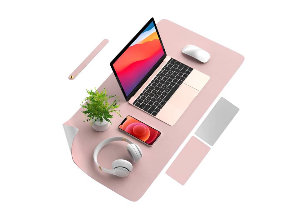 Large Desk Pad, Non-Slip PU Leather Desk Pad Protector, 31.5'' x 15.75'' (Pink & Silver)