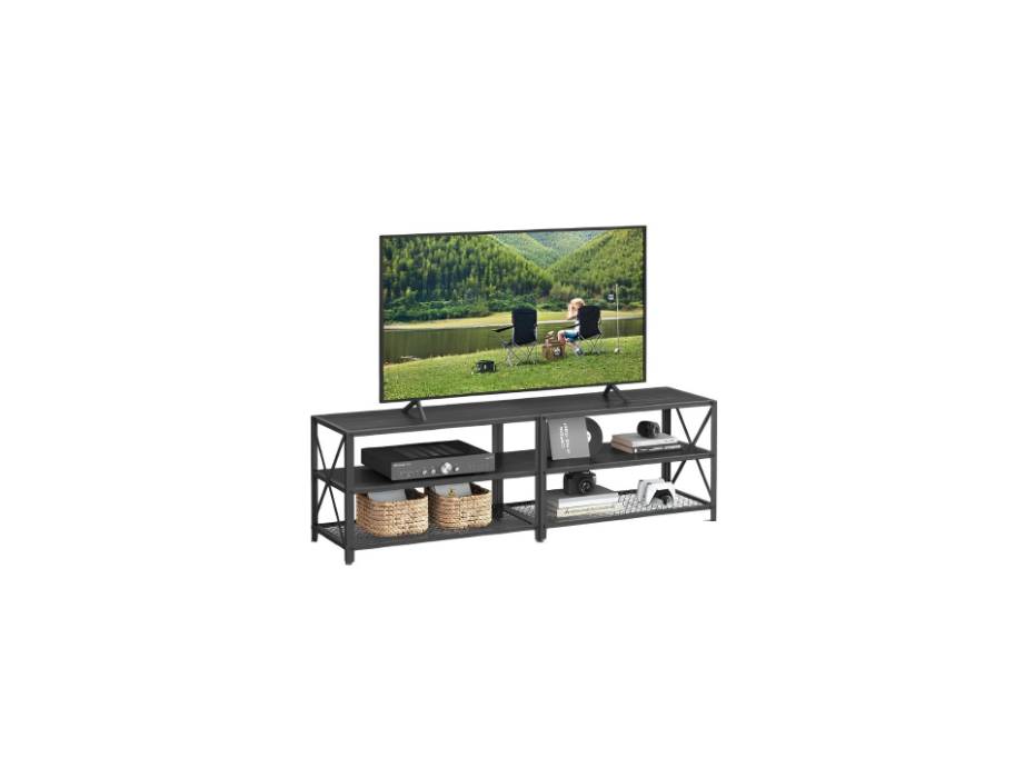 VASAGLE TV Stand, TV Console for TVs Up to 70 Inches, TV Table, 63 Inches Width, TV Cabinet with Storage Shelves, Steel Frame, for Living Room, Bedroom, Black with Wood Grain
