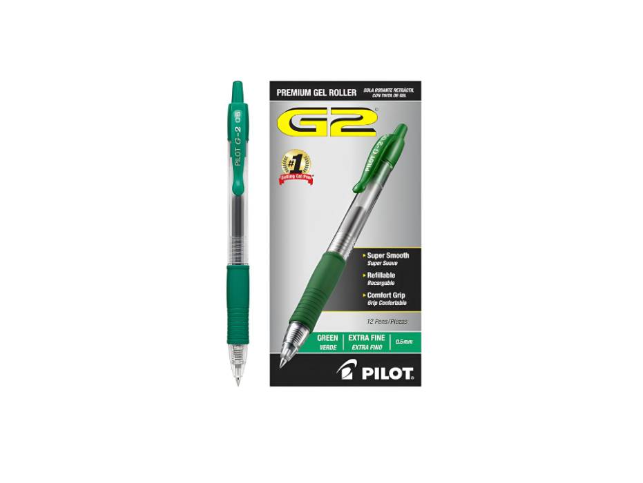 Pilot G2 Retractable Gel Roller Ball Pen, 0.5mm, Extra Fine Point, Green (Pack of 12)