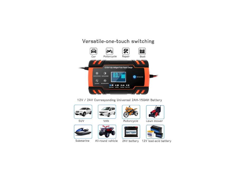 Car Battery Charger & Maintainer, 12V 8A / 24V 4A, with  3-Stage Automatic Trickle and 6 Functions