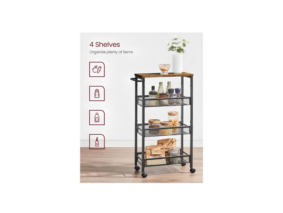 VASAGLE Slim Rolling Cart, 4-Tier Storage Cart, Narrow Cart with Handle for Kitchen, Dining Room, Living Room, Home Office, Rustic Brown and Classic Black
