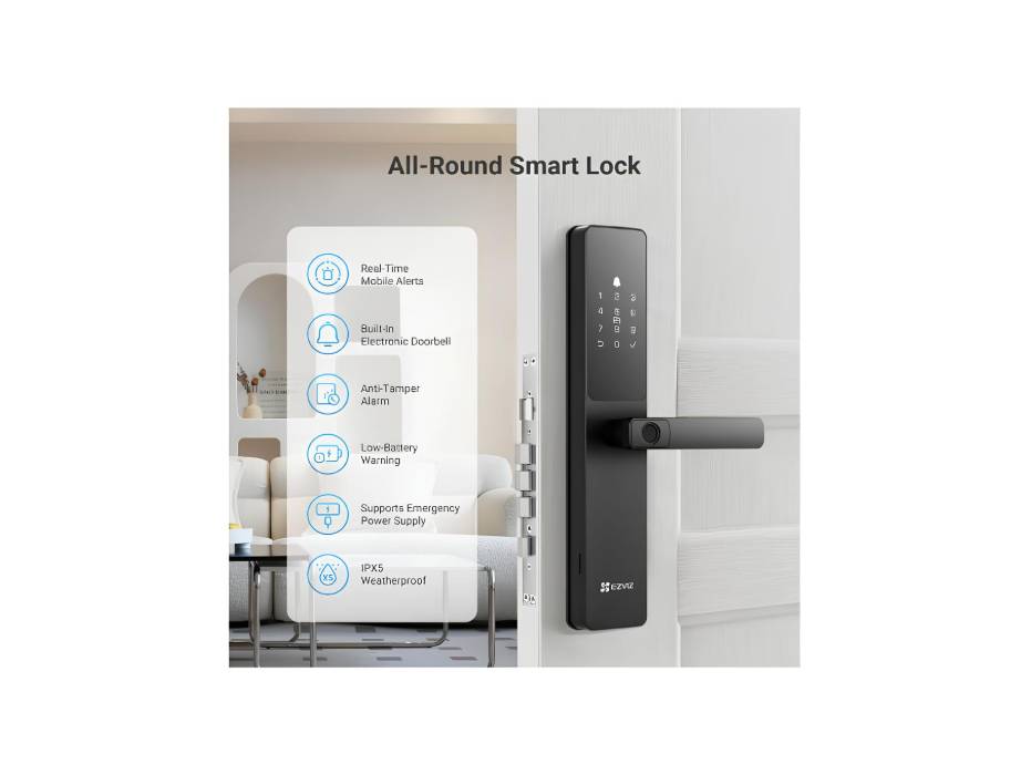 EZVIZ Smart Lock Y2000, 7-in-1 Smart Door Lock, Built-in Wifi Fingerprint Access, Weather-Resistant, Child Safety Lock for Apartment, Villa, Office