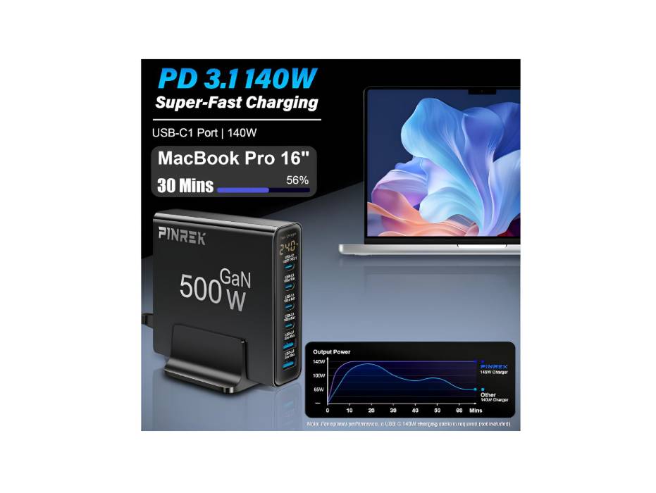 PINREK 500W 6-Port Fast Charging Station: 240W Total Output USB-C Charger with LED Display, Max 140W Power Delivery GAN Type C