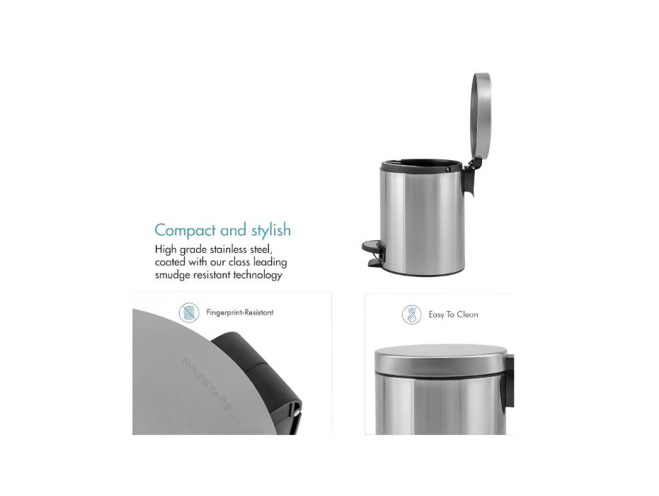 Ninestars JCT-5-2, 5 L Pedal Operated Stainless Steel Kitchen Trash and Garbage Bin with Soft-Close Lid, Stay Open and Reinforced Pedal for Bathroom, Home and Office