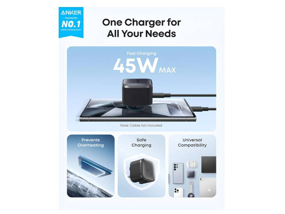Anker Nano 45W Type C Fast Charging Charger, Compact and Foldable Plug for Samsung Galaxy S25 Ultra/S24 Series, iPhone 17 Series, MacBook, Pixel 9, iPad (6 ft Cable Included)