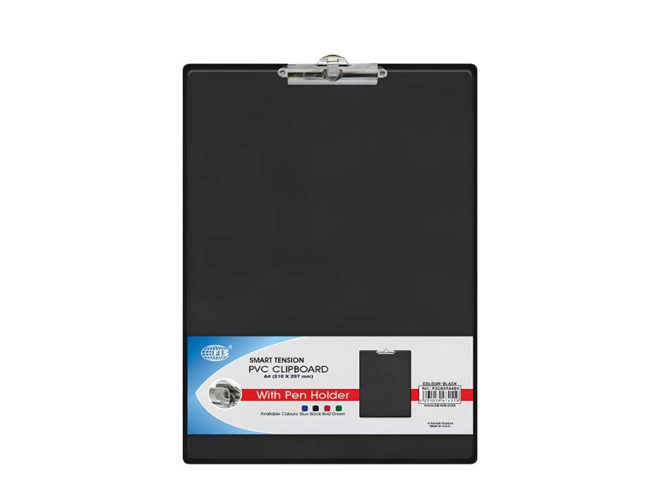 A4 PVC Clipboard with Smart Tension Clip and Pen Holder, Black [FSCBSTA4BK]