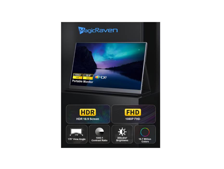 MagicRaven Portable Monitor, 15.6" 1080P Laptop Screen, Slim Lightweight Dual USB C HDMI Second Computer Gaming Display with Speakers, Travel Monitor for PS4/5 Xbox Switch
