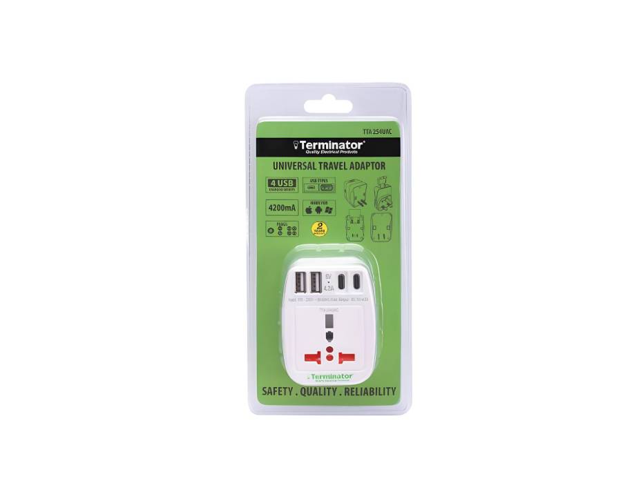 Terminator Travel Adaptor Multipin Universal with 4 USB (2 USB A & 2 ...