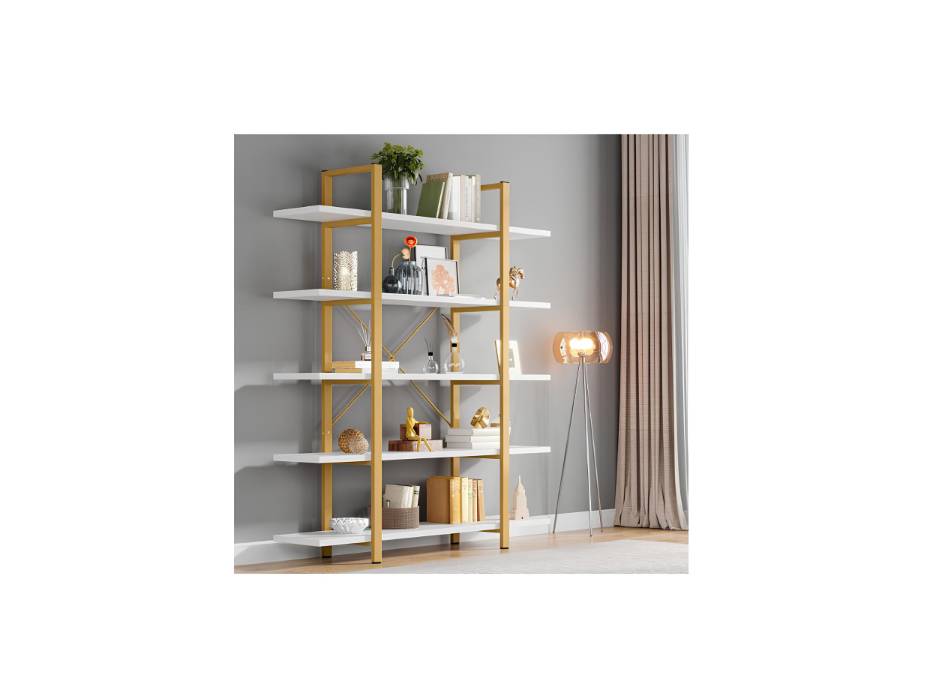 Tribesigns 5-Tier Bookshelf, Vintage Industrial Style Bookcase 183cm H x 30cm W x 120cm L for Living Room, Home Office, Gold