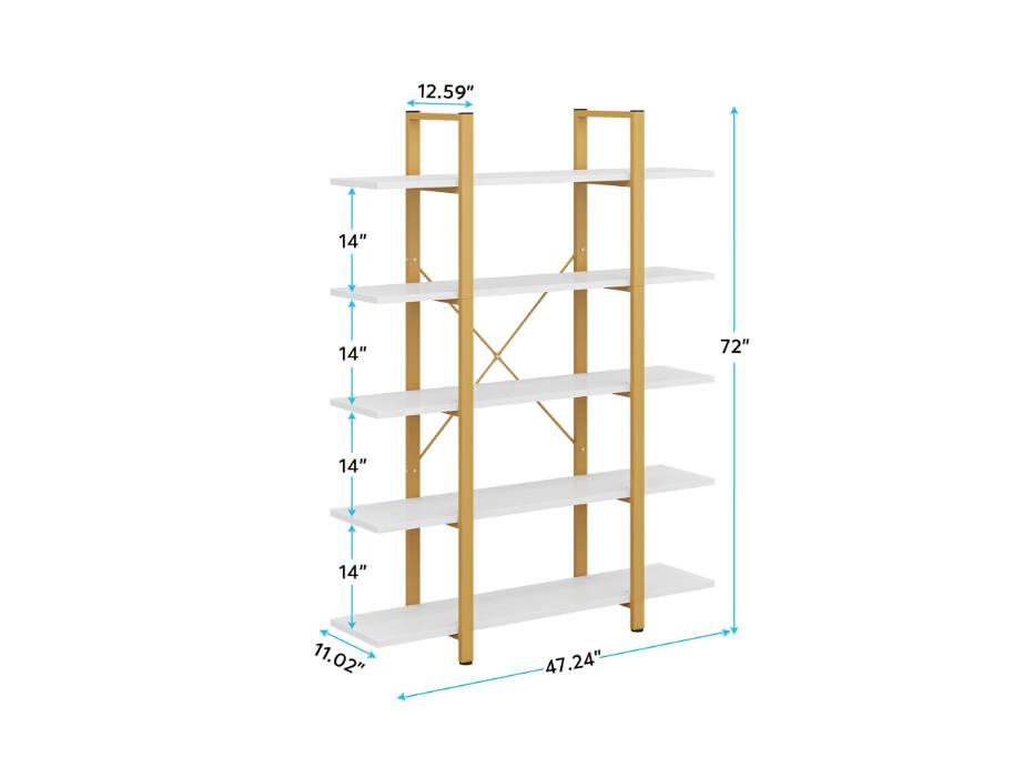 Tribesigns 5-Tier Bookshelf, Vintage Industrial Style Bookcase 183cm H x 30cm W x 120cm L for Living Room, Home Office, Gold