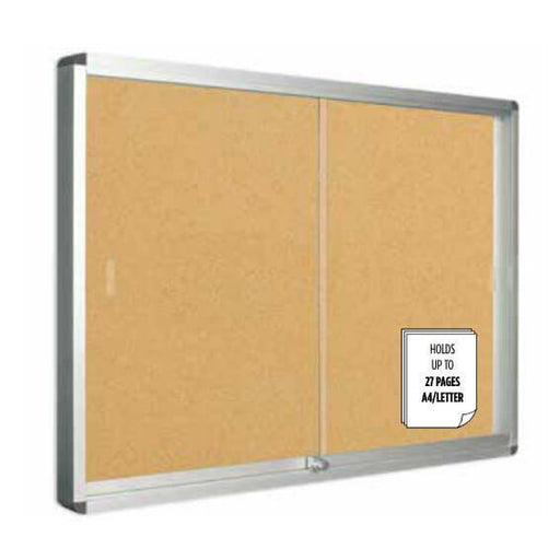 Lockable Cork Notice Board, 132cm x 97cm, Indoor Cork, Sliding Doors - Altimus