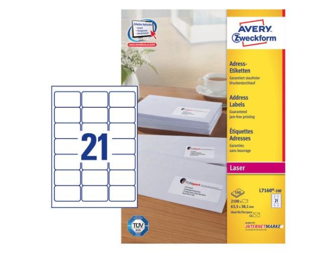 Avery L7160-100 Address Labels, 63.5x38.1mm, 21 Labels/Sheet, 100