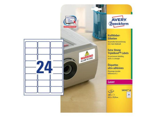 Avery L6141-20 Extra-Strong Adhesive TripleBond Labels, 24 Labels Per A4 Sheet - Altimus