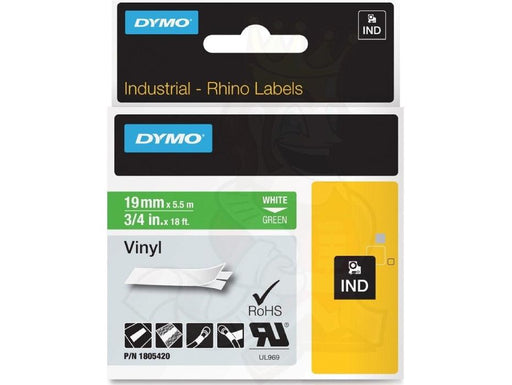 Dymo Rhino 1805420 Vinyl 19mm White on GreenTape - Altimus