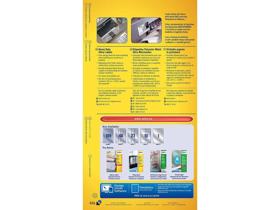 Avery L6012-20 Extra Strong Adhesive Silver Heavy Duty, 10labels/sheet, 20Sheets/pack - Altimus