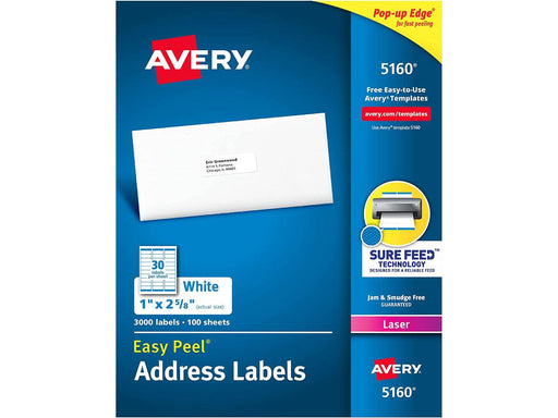 Avery 5160 Easy Peel, White Address Labels for Laser Printers, 1" x 2-5/8", Box of 3000 - Altimus