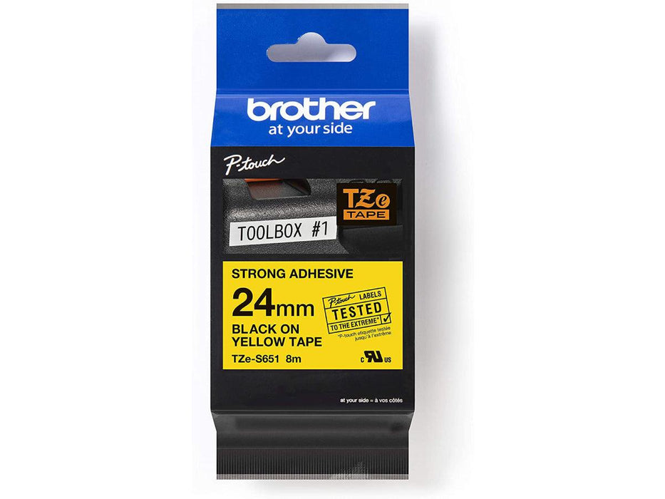 Brother P-touch 24mm TZ-S651 Strong Adhesive Tape, Black on Yellow