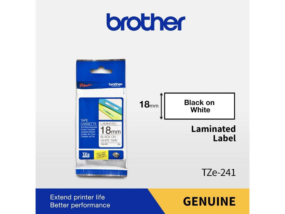 Brother P-touch 18mm TZ-241 Laminated Tape, 8 m, Black on White