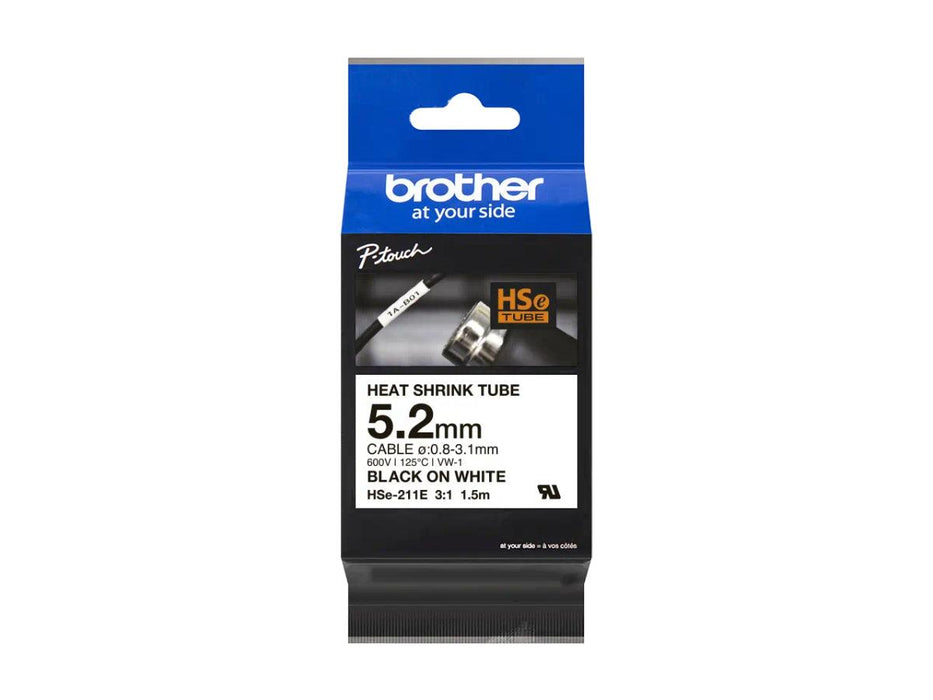 Brother P-touch 5.2mm HSe-211E Heat Shrink Tube, 1.5m, Black on White - Altimus