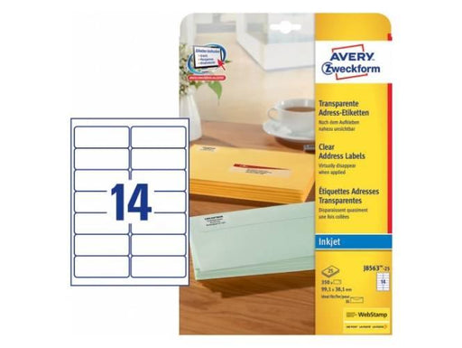 Avery J-8563-25 Clear Address Labels With Quick Peel, Inkjet, Permanent, 99.1 X 38.1m 14Labels-Sheet, 25Sheets-Pack - Altimus