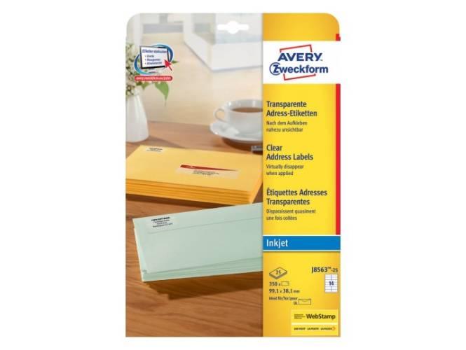 Avery J-8563-25 Clear Address Labels With Quick Peel, Inkjet, Permanent, 99.1 X 38.1m 14Labels-Sheet, 25Sheets-Pack - Altimus