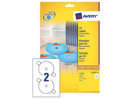 Avery L7676-25 Full Face CD Labels (117mm, 2 Labels Per Sheet, 25 Sheets) White - Altimus