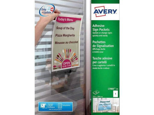 Avery L7083-10 Self-Adhesive Repositionable Clear Sign Pocket (221 x 304 mm) - Altimus