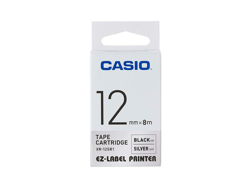 Casio XR-12SR1 Tape Cassette, 12mm X 8mm, Black on Silver - Altimus