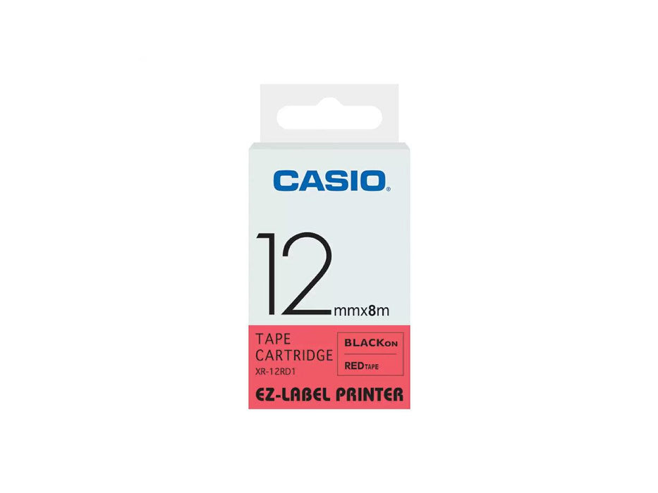 Casio XR-12RD1 Tape Cassette, 12mm X 8mm, Black on Red