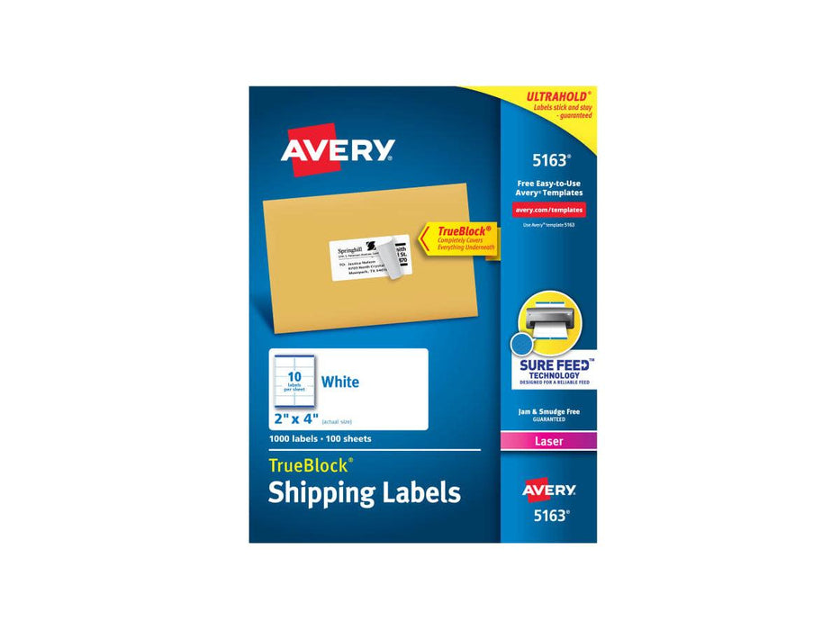 Avery® TrueBlock® Shipping Labels, Sure FeedTM Technology, Permanent Adhesive, 2" x 4", 1,000 Labels (5163) - Altimus