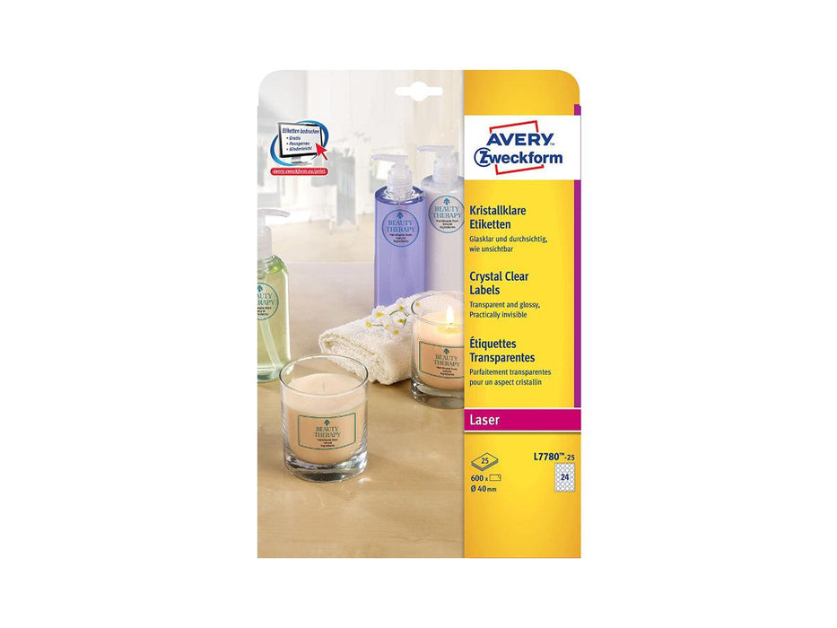 Avery L7780-25 Crystal Clear Round Labels, 40mm, 24 Labels/Sheet (25 Sheets/pack) - Altimus