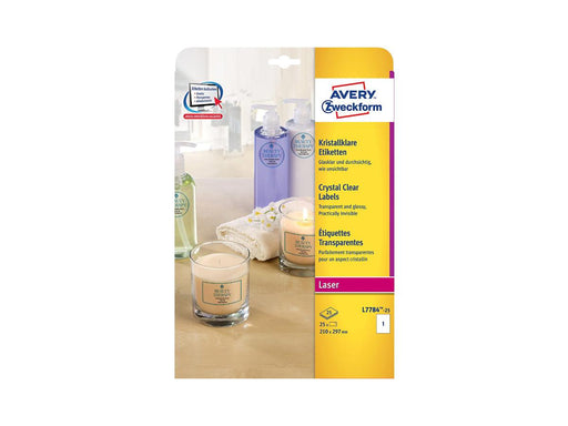 Avery Crystal Clear Labels, Rectangular, Clear, Laser, Permanent, 210x297mm, 25 Sheets/pack (L-7784) - Altimus