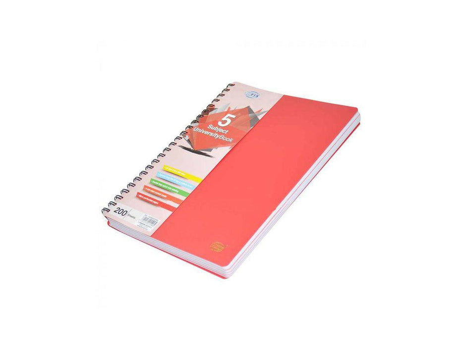 University Book, 5 Subject, A4, PP Neon Hard Cover, 200/Sheets, Red - FSUB5SPPRE - Altimus