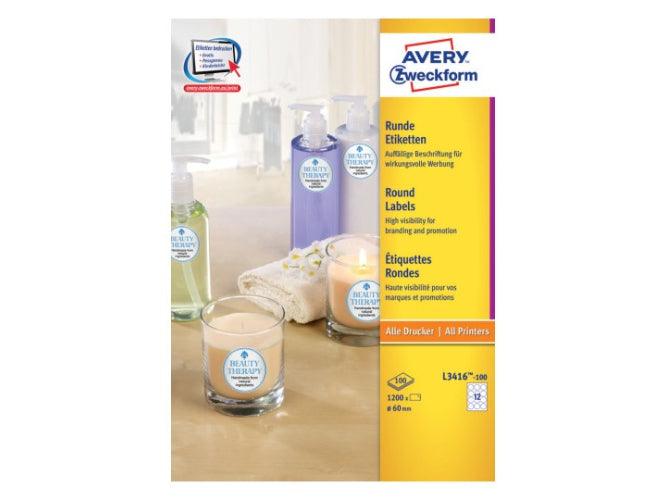 Avery L3416-100 Self-Adhesive Round Labels, 60mm, 12 Labels/Sheet (100 Sheets/pack) - Altimus