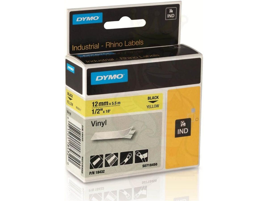 Dymo Rhino Yellow Vinyl Tape - 12mm, Black Text (18432) - Altimus