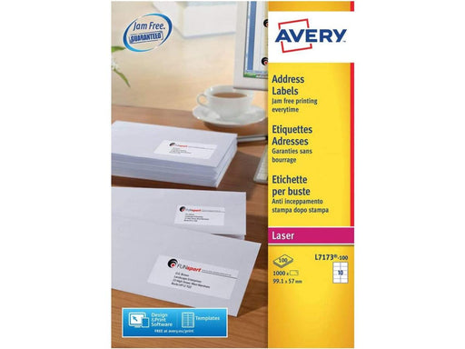 Avery L7173-100 Address Labels for Laser Printers, 99.1 x 57.0 mm, 10 Labels Per A4 Sheet, 100 Sheets - Altimus