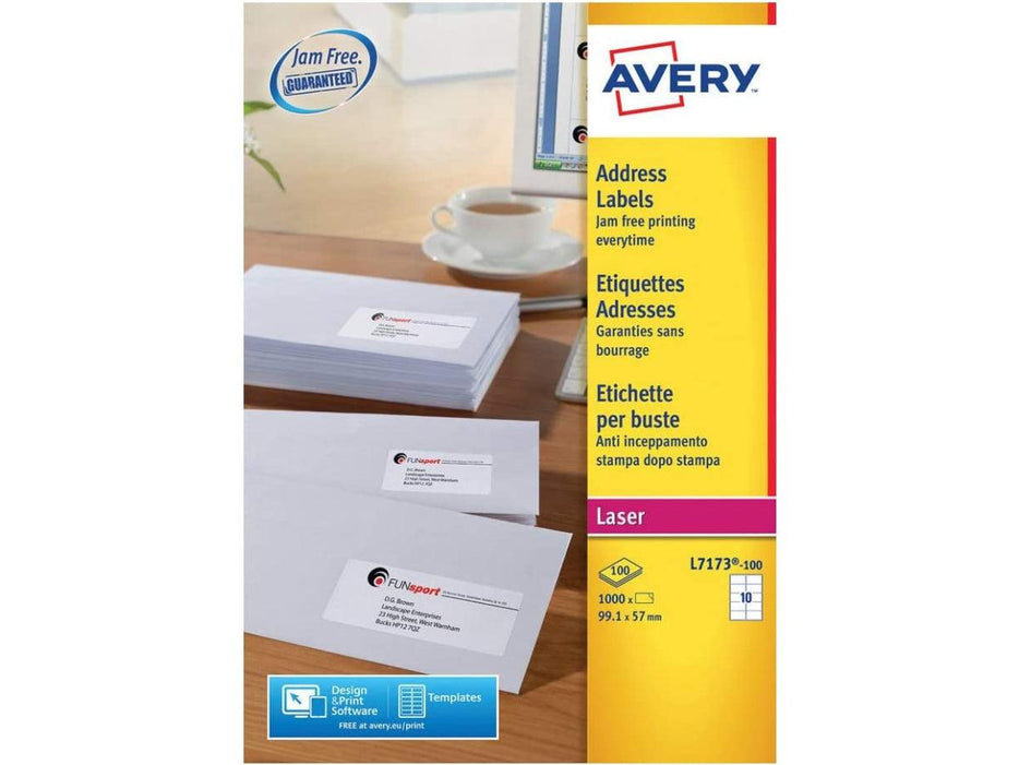 Avery L7173-100 Address Labels for Laser Printers, 99.1 x 57.0 mm, 10 Labels Per A4 Sheet, 100 Sheets - Altimus